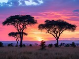The iconic landscape at sunrise, with acacia trees silhouetted against the colorful sky.