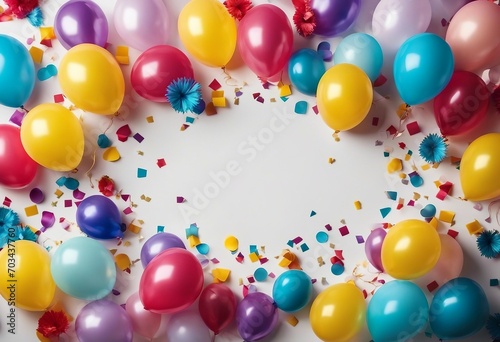 Colorful balloons and confetti on white table top view Festive or party background Flat lay Birthday