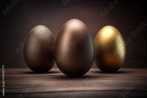 Three golden and bronze easter eggs on wooden background. Toned. Generative AI