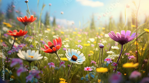 A countryside spring flower meadow bursts with life in this charmingly detailed illustration
