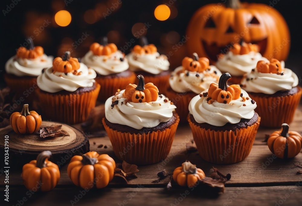 Halloween cupcakes and pumpkins on wooden background Sweets for holiday party Halloween cupcakes and pumpkins on wooden background Sweets for holiday party