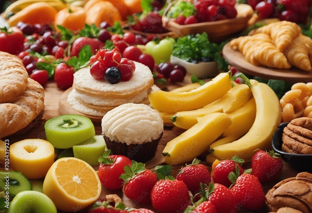 Healthy and unhealthy food background from fruits and vegetables vs fast food sweets and pastry top Healthy and unhealthy food background from fruits and vegetables vs fast food sweets and pastry top