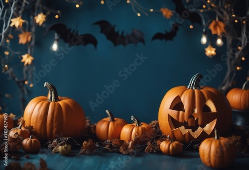 Halloween frame with party decorations of pumpkins bats ghosts spiders on blue background from above