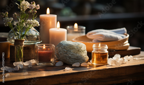 Spa still life with candles and salts and towel setting