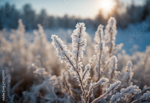 Plant covered with frost hoarfrost or rime in winter morning natural background