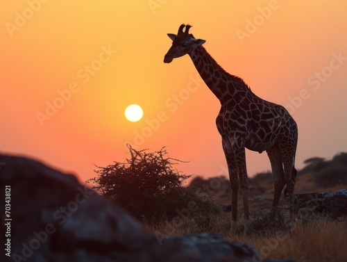 Silhouette of a Maasai giraffe against the fiery hues of an African sunset.