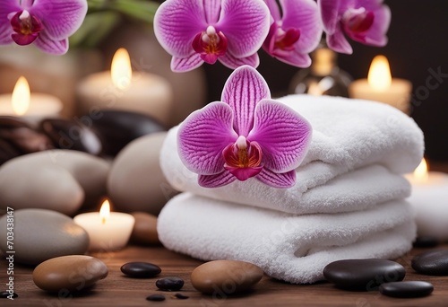 Spa beauty treatment and wellness background with massage pebbles orchid flowers towels cosmetic