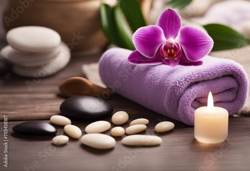 Spa beauty treatment and wellness background with massage pebbles orchid flowers towels cosmetic