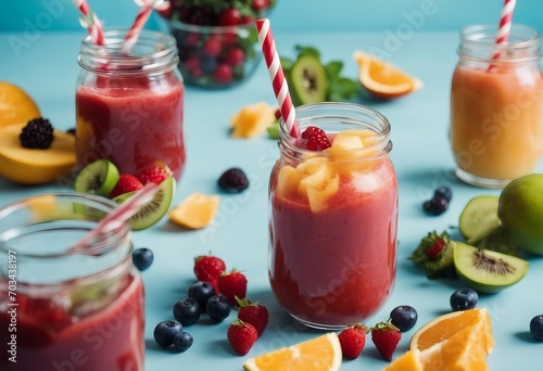 Summer colorful fruit smoothies in jars on blue background Healthy detox and diet food concept