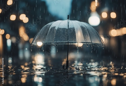 Transparent umbrella under heavy rain against water drops splash background Rainy weather concept photo