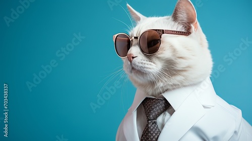 Cool cat in shades and dapper suit, isolated on blue background with copy space on the left