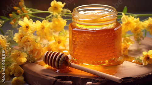 A transparent glass jar with honey from an apiary on a wooden table. Beautiful yellow flowers with green leaves. Promotional image for websites, social networks and print. Bees, honeycombs, sweetness.