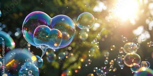 valentine vibes , Heart Bubbles at the sky, sunset,Love in the summer sun with bubble blower,romantic inflating colorful soap bubbles in park photo