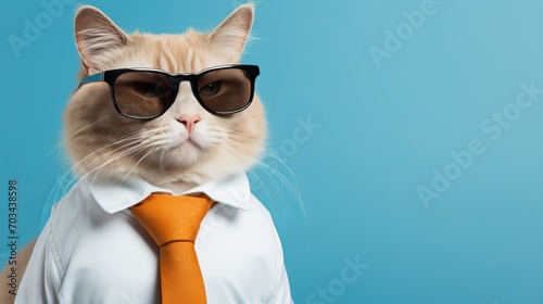 Sunglasses wearing cat in suit, isolated on blue background with text placement on left