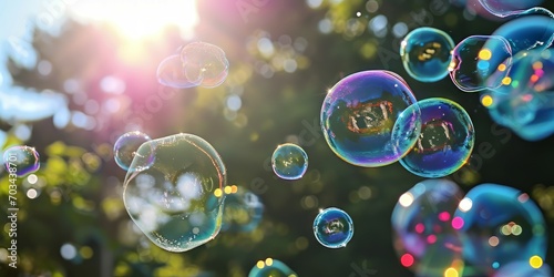 valentine vibes , Heart Bubbles at the sky, sunset,Love in the summer sun with bubble blower,romantic inflating colorful soap bubbles in park photo