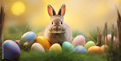 Adorable little bunny with easter eggs in flowery meadow