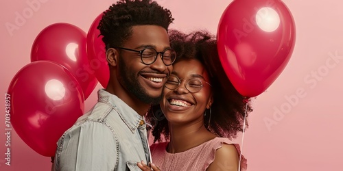 valentine moment, couple isolated in pink background smiling with balloon , Concept of love, relationship, Valentine's Day, emotions, lifestyle