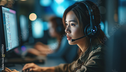 Customer Service Professional at Call Center: Portrait of Asian Woman