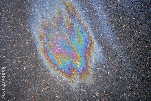 Fuel or oil stain on an asphalt road as a texture or background