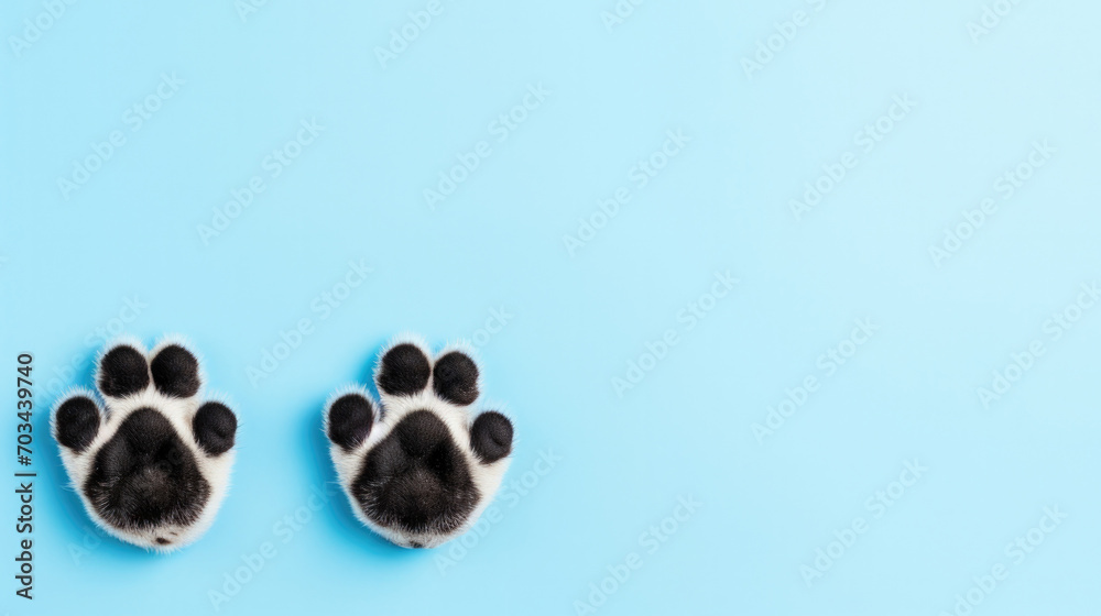 Funny paws of a border collie puppy close-up isolated on a blue background. space for text Funny paws of a border collie puppy close-up isolated on a blue background. space for text