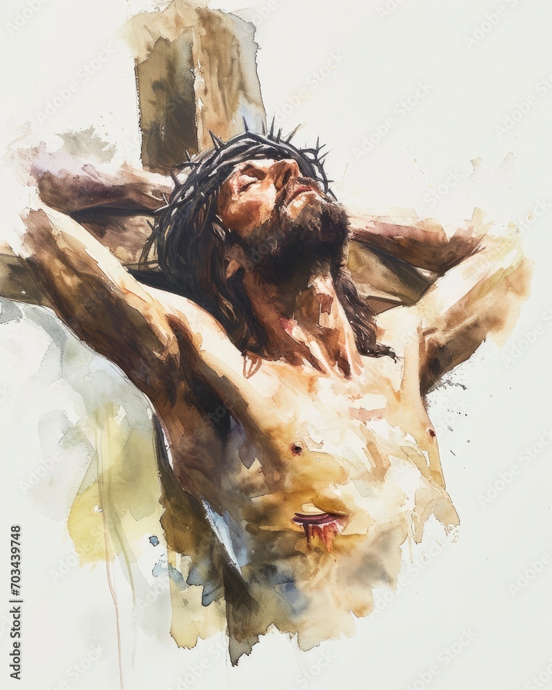 jesus christ, Jesus crucified on the cross, praying for those who crucified him, offering his love and forgiveness until his last breath, watercolor, oil paint, copy space - generative ai