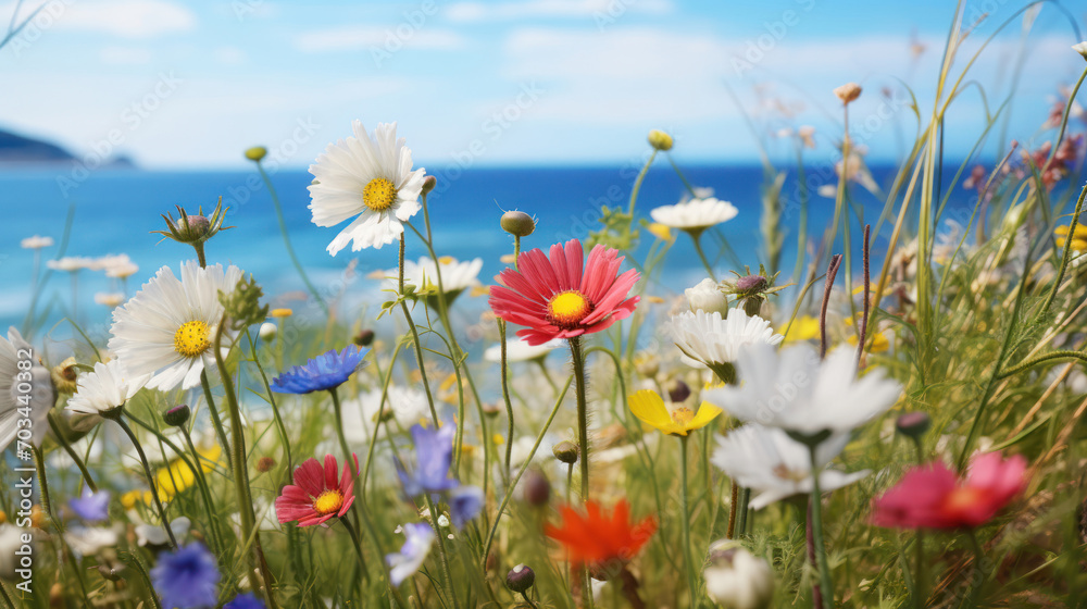 A coastal spring flower meadow blooms beautifully in this vividly depicted illustration