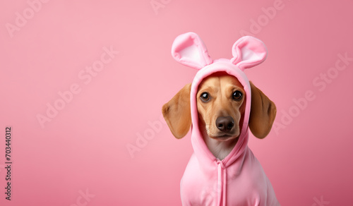 Cute brown dog with pink rabbit costume, copyspace