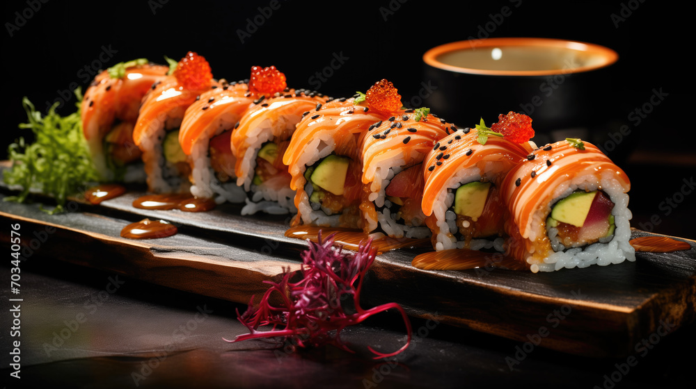 Delicious Japanese sushi and rolls on a dark table. Curd cheese, greens, rice, soy sauce, wasabi, fish, cucumber, caviar, chicken. Promotional image for websites, social networks and print.