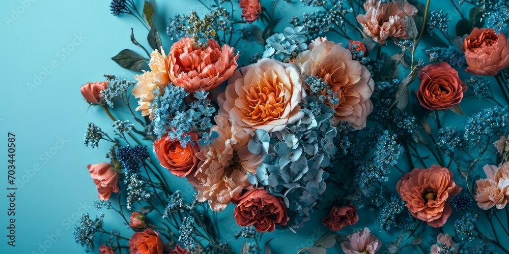 custom made wallpaper toronto digitalBlue flowers bouquet on a blue background. Flat lay, top view, valentine vibes