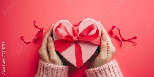Female hands holding a red heart shaped gift box on a red background, valentine celebration