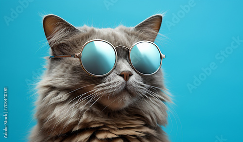 cat with sunglasses on a blue background. The cat is wearing glasses. Cute cat wearing sunglasses on blue background. Copy space for your text.
