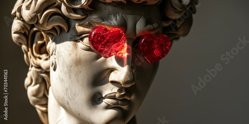 Sculpture of a david with red heart glasses on his face
