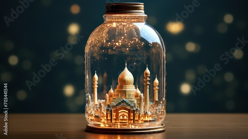 Mosque in glass jar with bokeh background
