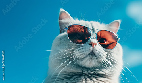 cat with sunglasses on a blue background. The cat is wearing glasses. Cute cat wearing sunglasses on blue background. Copy space for your text.