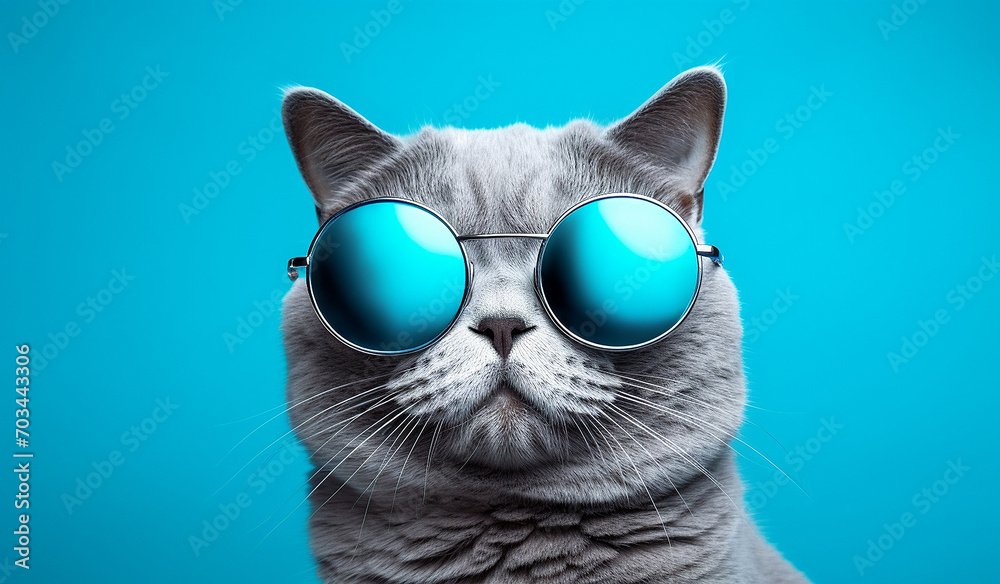 cat with sunglasses on a blue background. The cat is wearing glasses. Cute cat wearing sunglasses on blue background. Copy space for your text. cat with sunglasses on a blue background. The cat is wearing glasses. Cute cat wearing sunglasses on blue background. Copy space for your text.