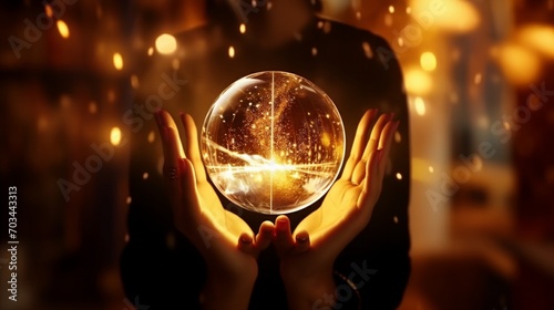 a golden crystal ball held in hand, infusing a festive atmosphere for a happy New Year party