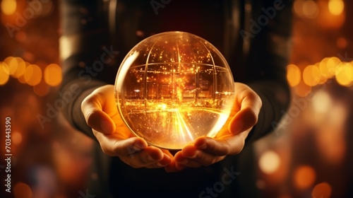 a golden crystal ball held in hand, setting a festive atmosphere for a happy New Year party, award ceremony, or other holiday celebrations