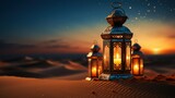 Lantern in the desert. Ramadan Kareem greeting card