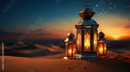 Lantern in the desert. Ramadan Kareem greeting card