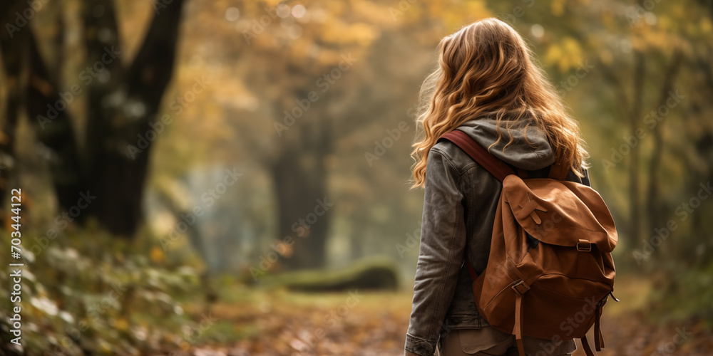 back photo of a young long hair woman on excursion tour in the autumn fall forest