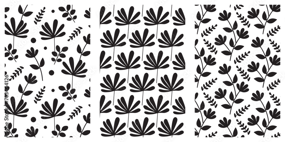 Floral seamless pattern set. Black doodle branches, flowers and leaves on white background. Vector illustration.