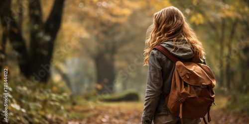 back photo of a young long hair woman on excursion tour in the autumn fall forest