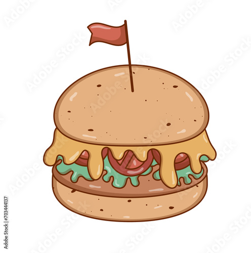 Retro groovy cartoon Burger with a flag. Vintage fast food retro colors. Flat style. Funky vector illustration