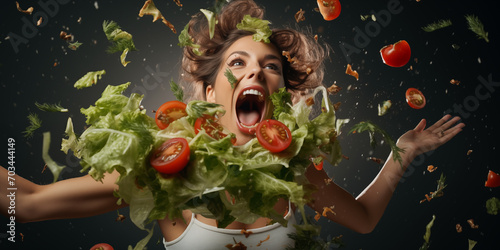 Provocative photo of a woman with salad illustrating diet myths and hard diets flying tomatoes and salads, hard emotions photo