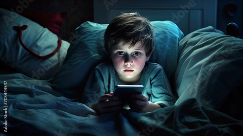 Exhausted child is addicted to a phone lying in bed using a smartphone at night, Bedtime harmful blue light screentime concept photo