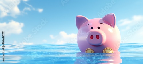Pink piggy bank sinking in blue water representing financial loss and bankruptcy concept