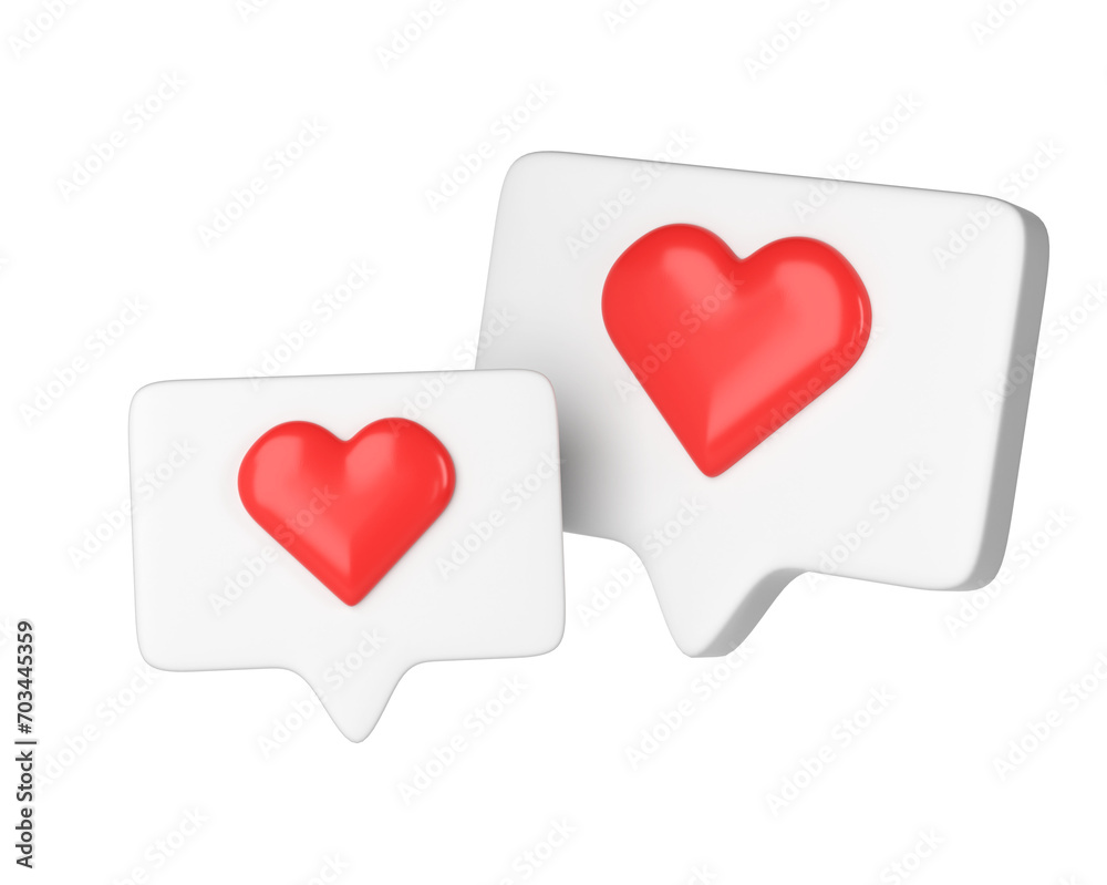 two 3D social media online platform concept icons on transparent. white frame with heart and love emoji. For Valentine day, Mother day, Women day, wedding, sticker, greeting card. February 14