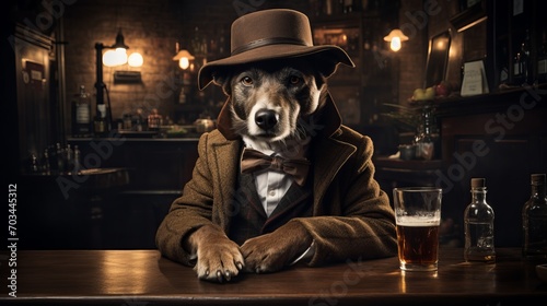 Dapper canine indulging in cigar and cognac at a nostalgic, dimly lit vintage pub