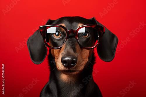 dachshund dog with glasses on a wooden background, studio shot. Portrait of a dog with glasses on a dark background © Nadezhda