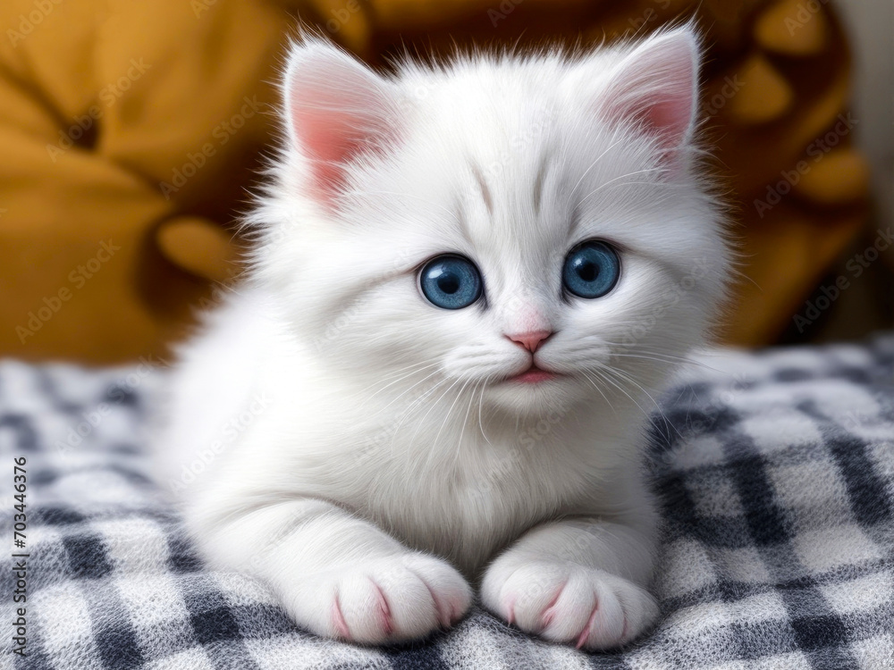 Little white kitten with blue eyes. Small cute cat in plaid